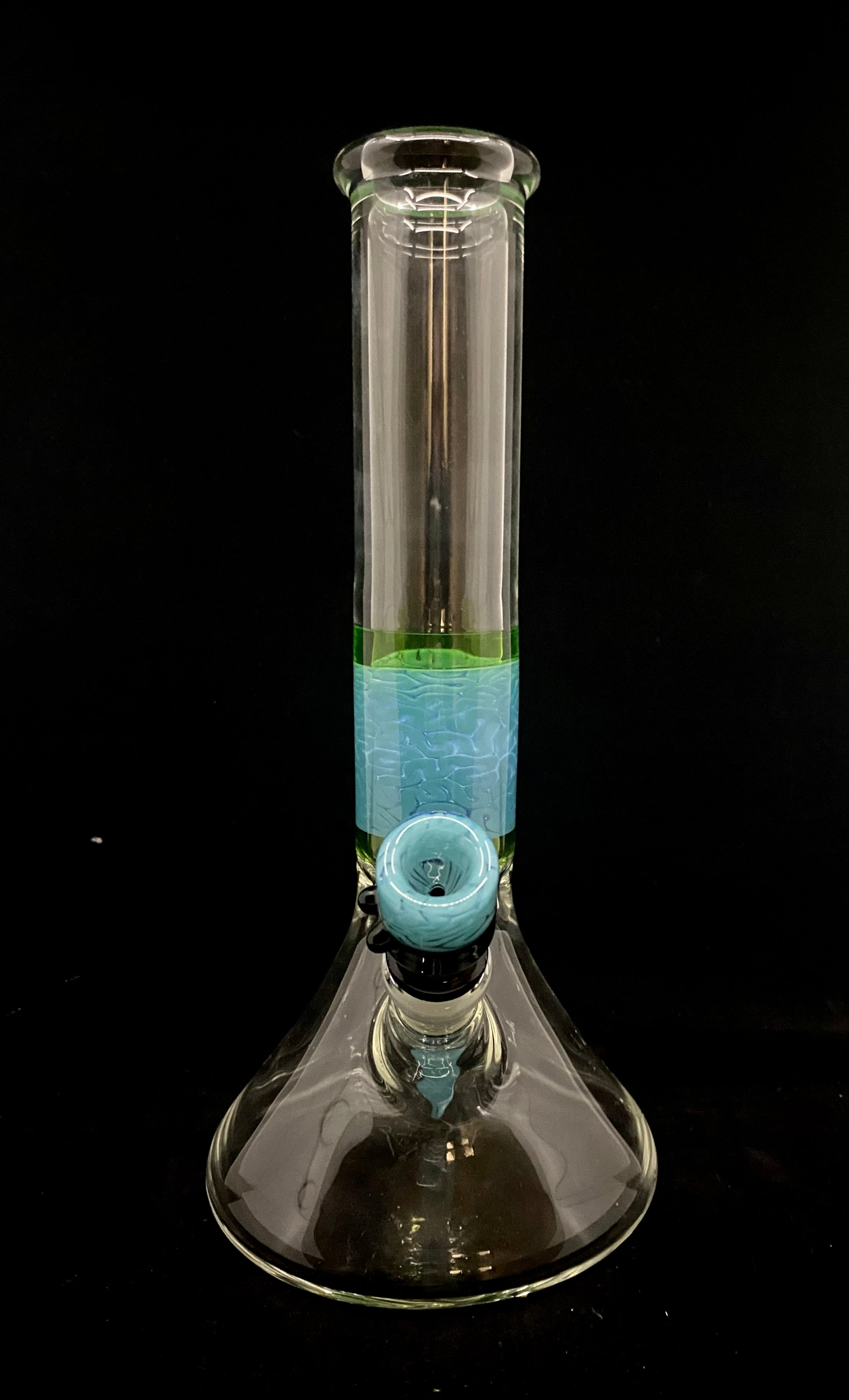 Algae Glass 12.5" Blue Linework Green Accent with Worked Slide/Stem Beaker